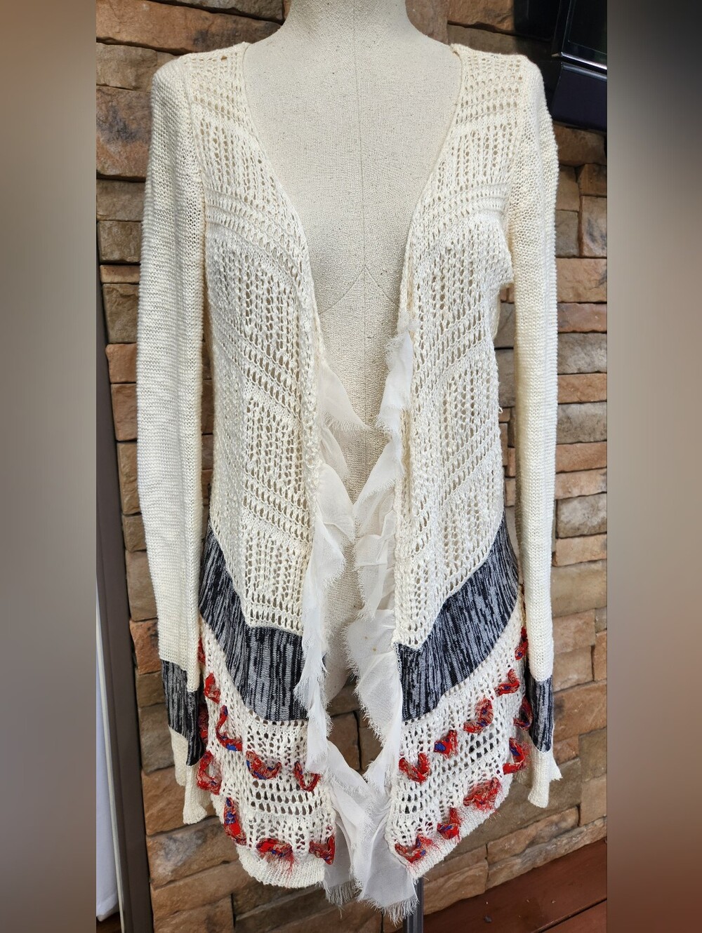 Gimmicks By BKE Cream Open Knit Cardigan with Fringe and Multicolor Accents